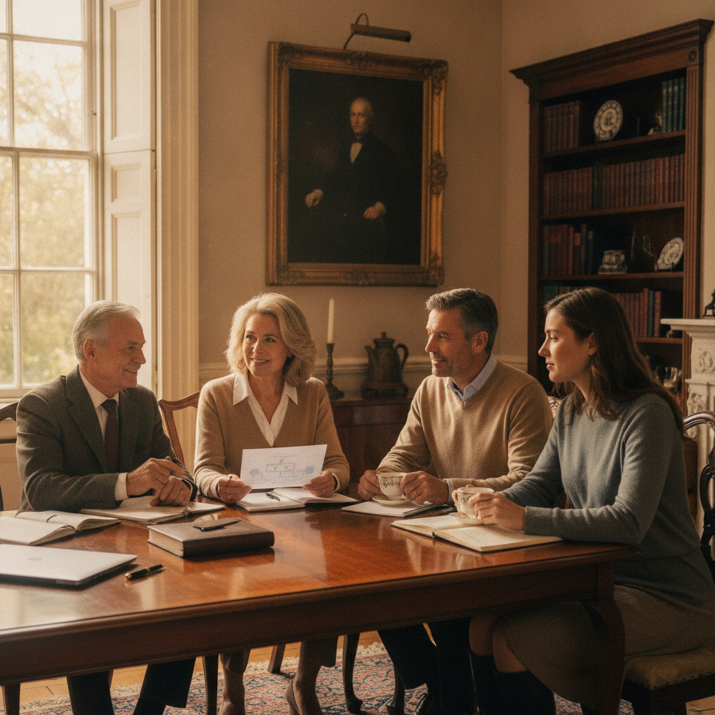 a multigenerational family gathered around a dining table in an elegant home suggesting legacy conversations and the transfer of wealth across three generations — estate tax exemption