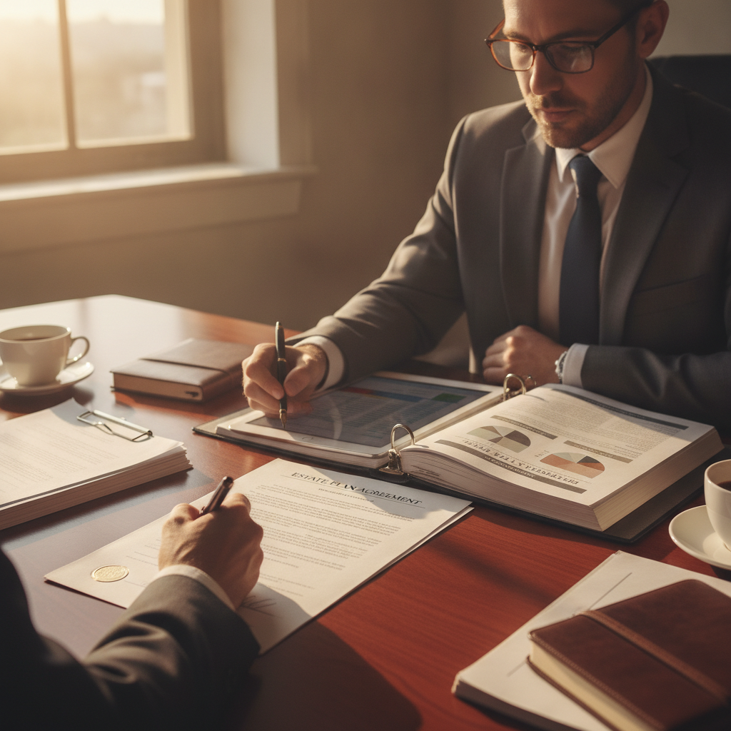 a close-up of an estate planning document being signed with a financial advisor seated across a conference table reviewing charts and trust structures — estate tax exemption