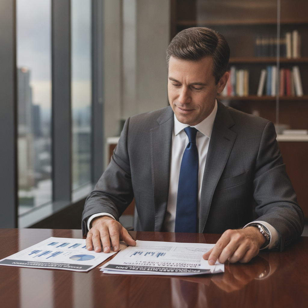 a confident executive in a tailored suit reviewing a multi-page financial plan at a polished conference table with charts and equity compensation documents visible — executive retirement planning