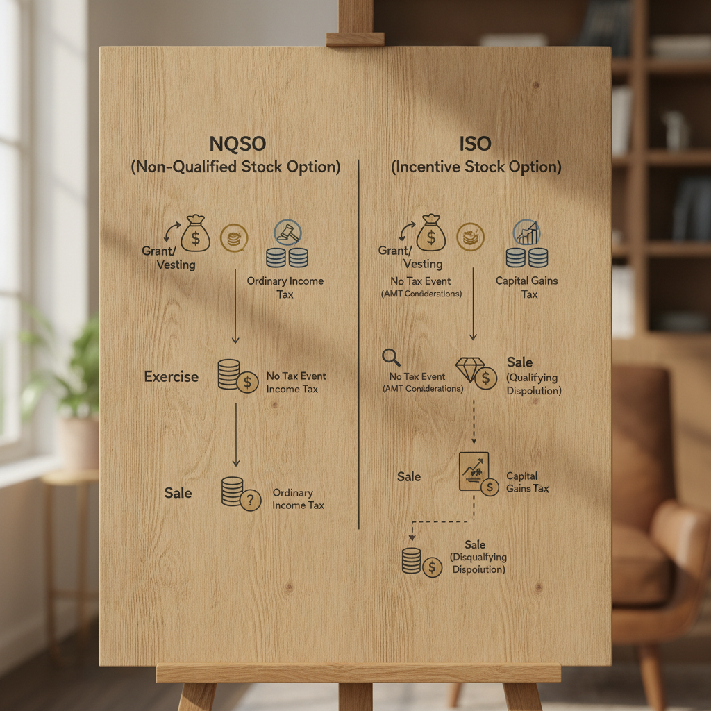 a side-by-side comparison diagram showing the tax treatment timeline for NQSOs versus ISOs with icons representing ordinary income tax and capital gains tax at different stages — executive retirement planning