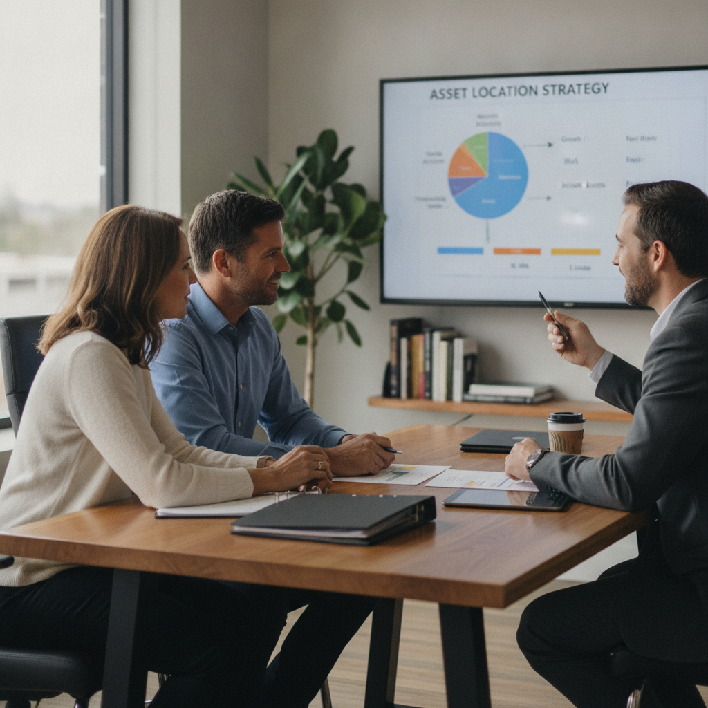 a married couple sitting with a financial advisor at a conference table reviewing a multi-account portfolio chart displayed on a large monitor — asset location strategy