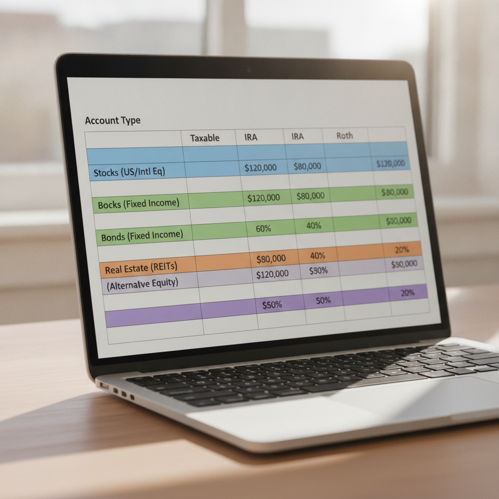 a close-up of a financial spreadsheet on a laptop screen showing different account types with color-coded asset classes allocated across taxable IRA and Roth columns — asset location strategy