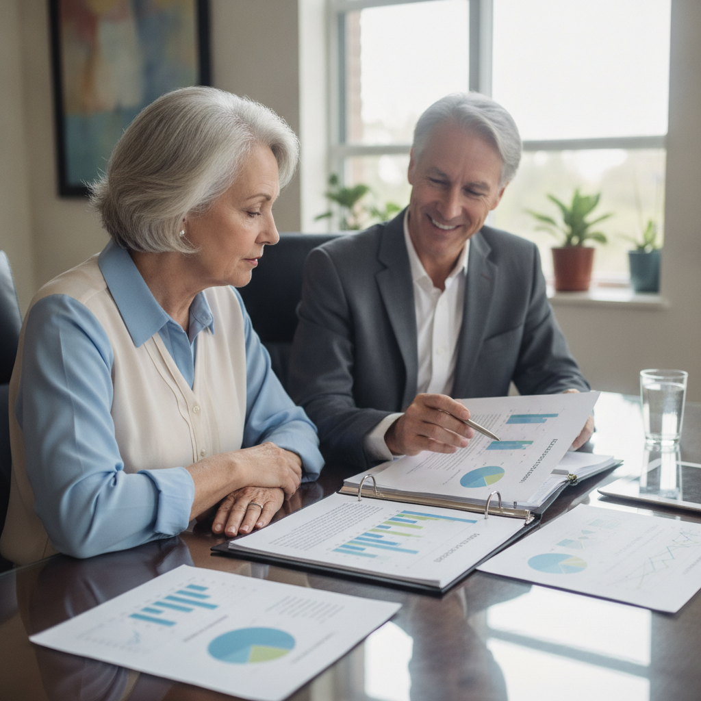 a senior couple sitting with a financial advisor at a conference table reviewing documents with charts showing estate and care cost projections — long-term care insurance