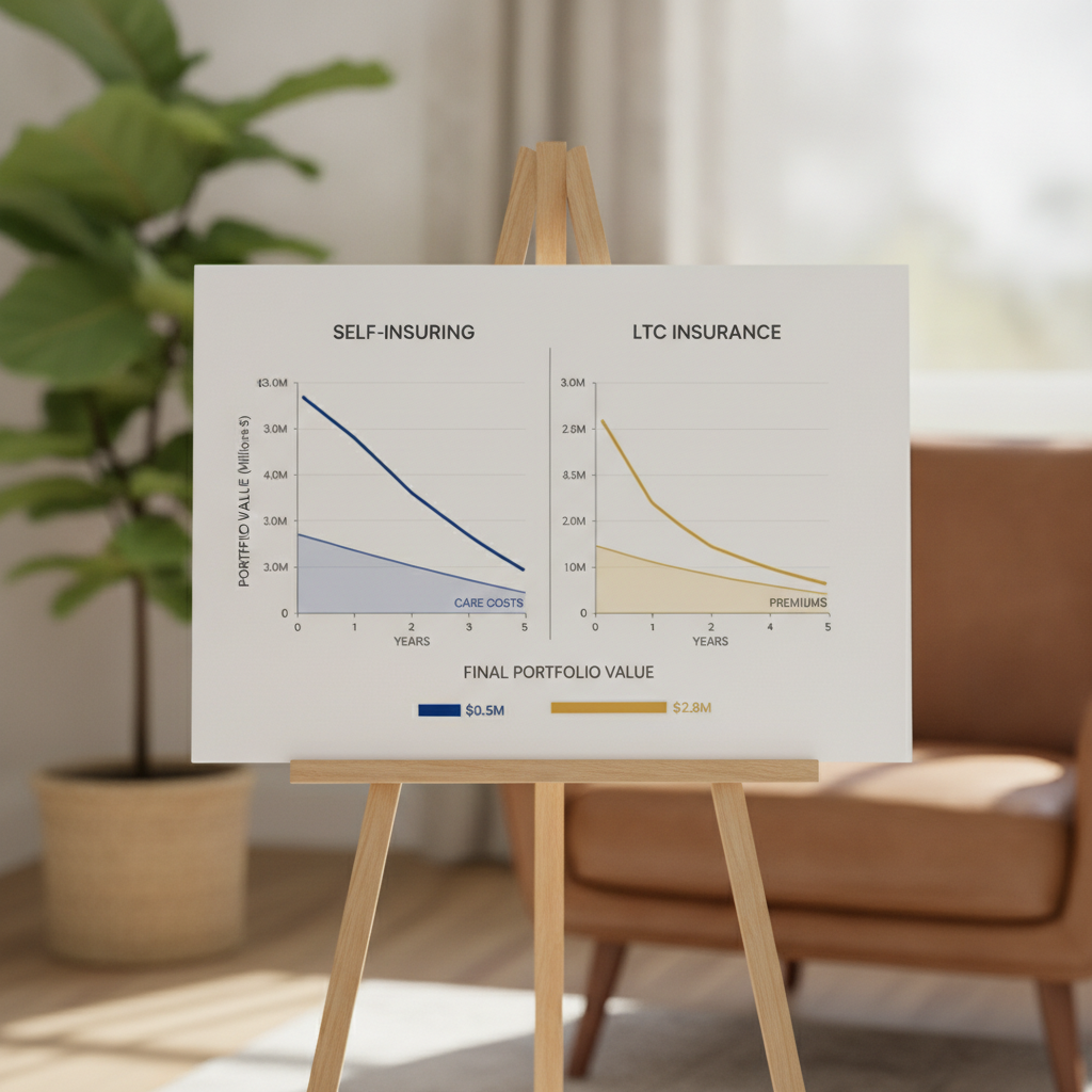 a graphic comparison chart showing the financial impact of self-insuring versus using long-term care insurance on a $3 million portfolio over a 5-year care event — long-term care insurance