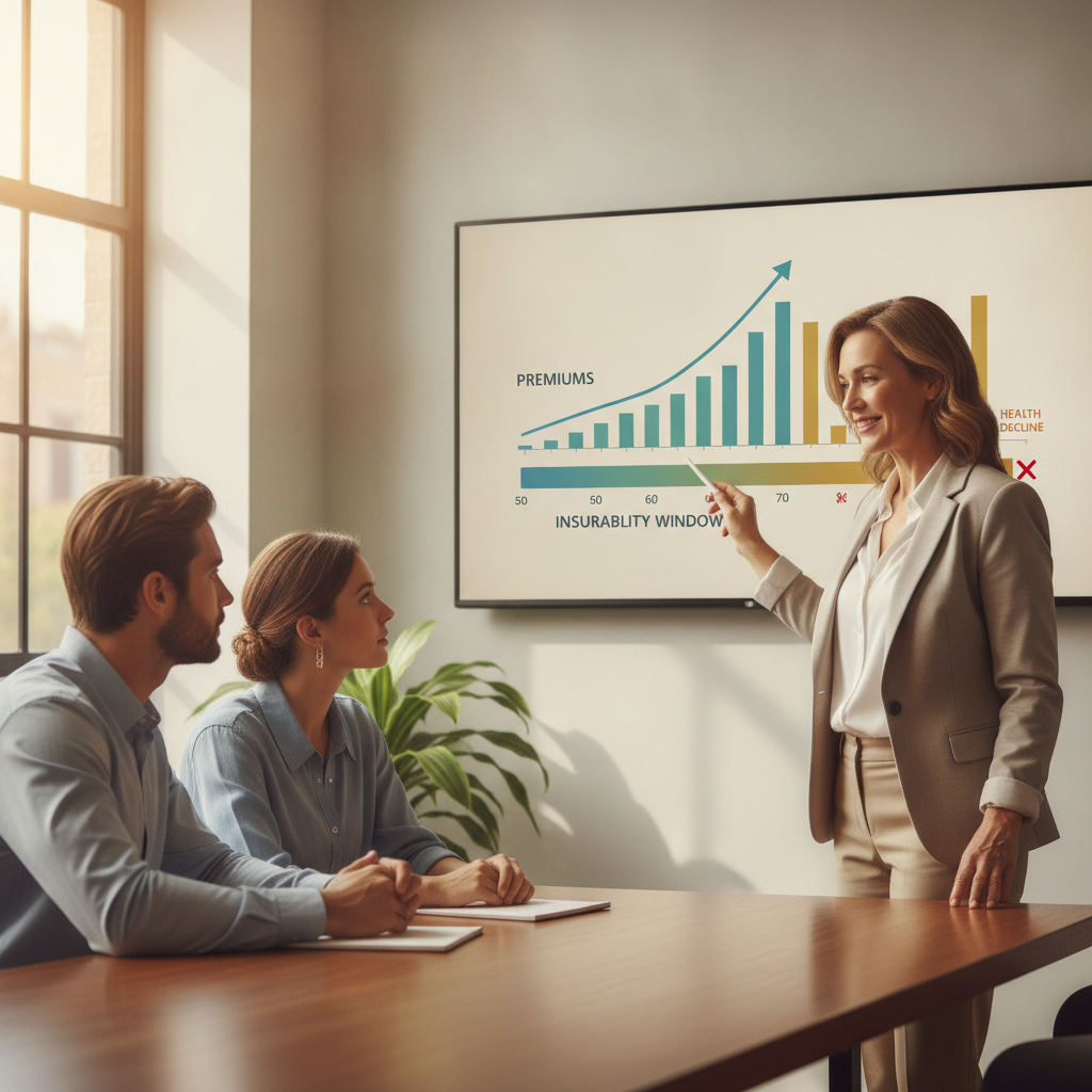 a financial advisor pointing to a timeline chart showing how long-term care insurance premiums increase with age and how insurability windows close with declining health — long-term care insurance
