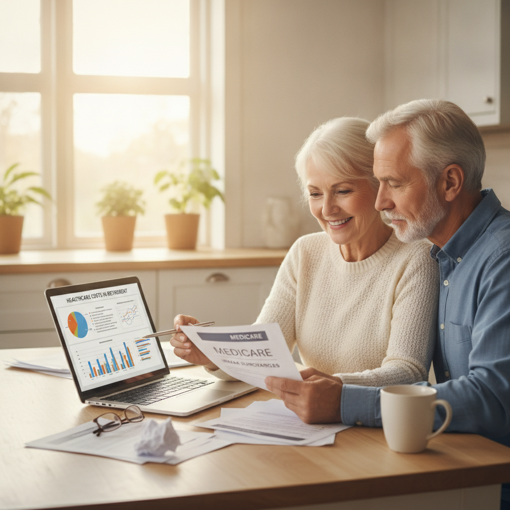 a retiree couple sitting at a kitchen table reviewing Medicare paperwork and a laptop showing financial planning charts — medicare irmaa surcharges
