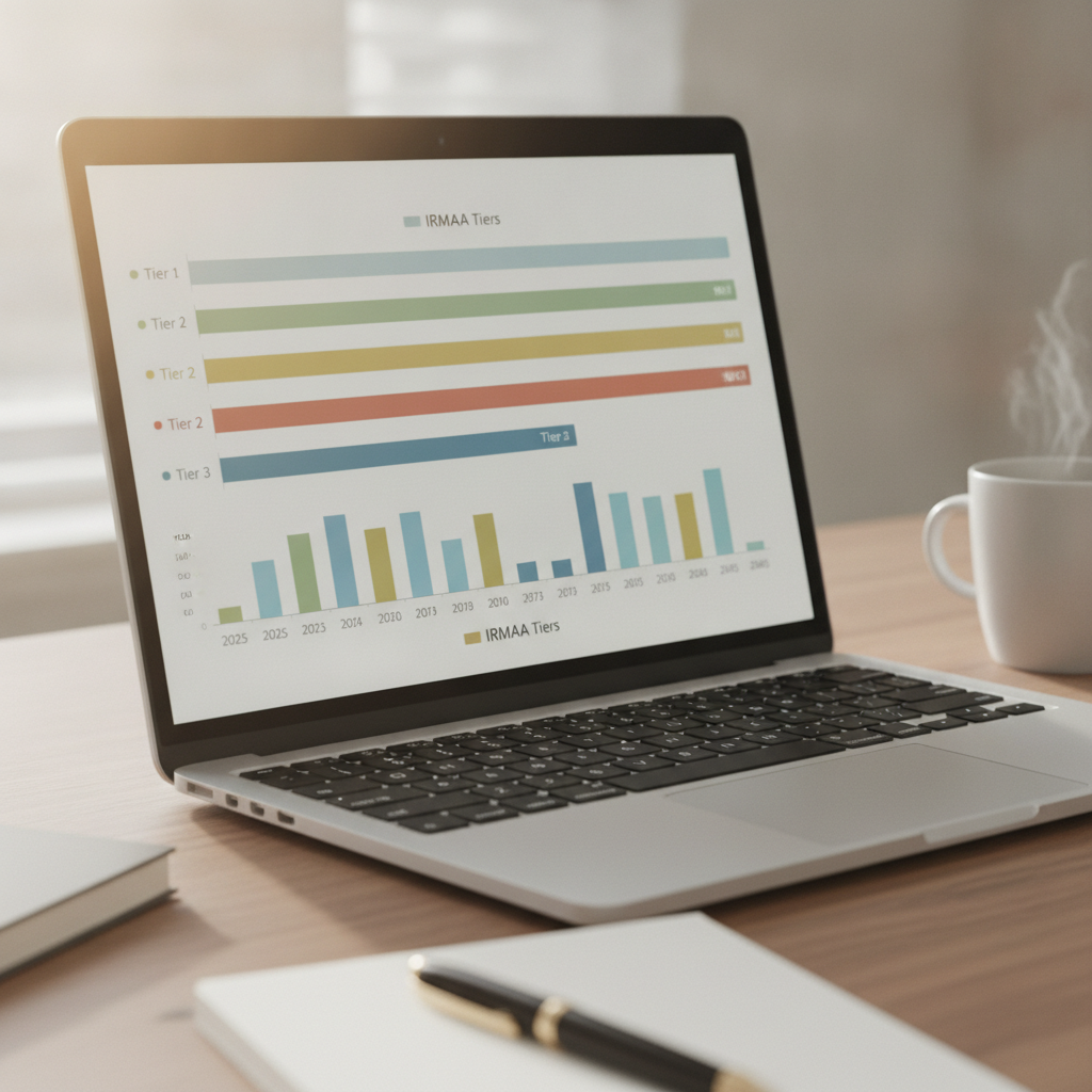 a close-up of a financial planning dashboard on a laptop screen showing projected IRMAA tiers across retirement years with income bar charts — medicare irmaa surcharges
