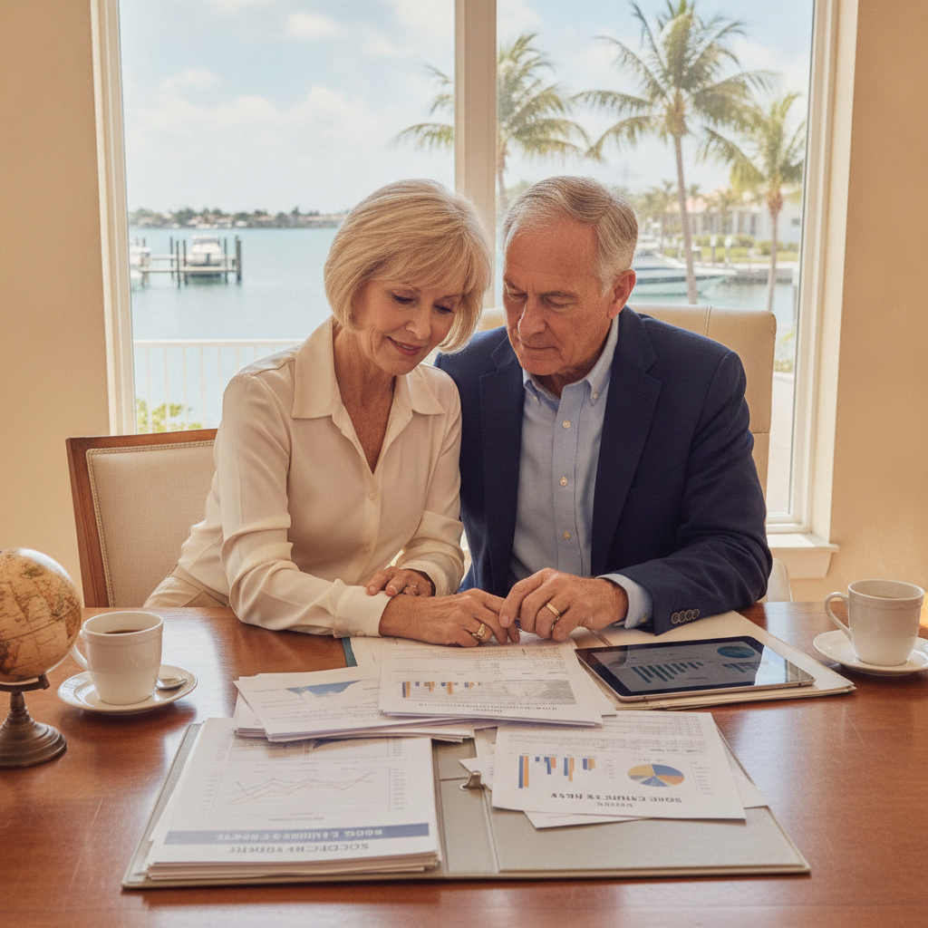 a well-dressed couple in their 60s reviewing financial documents together at a bright home office desk with a Florida waterfront view visible through the window — social security claiming
