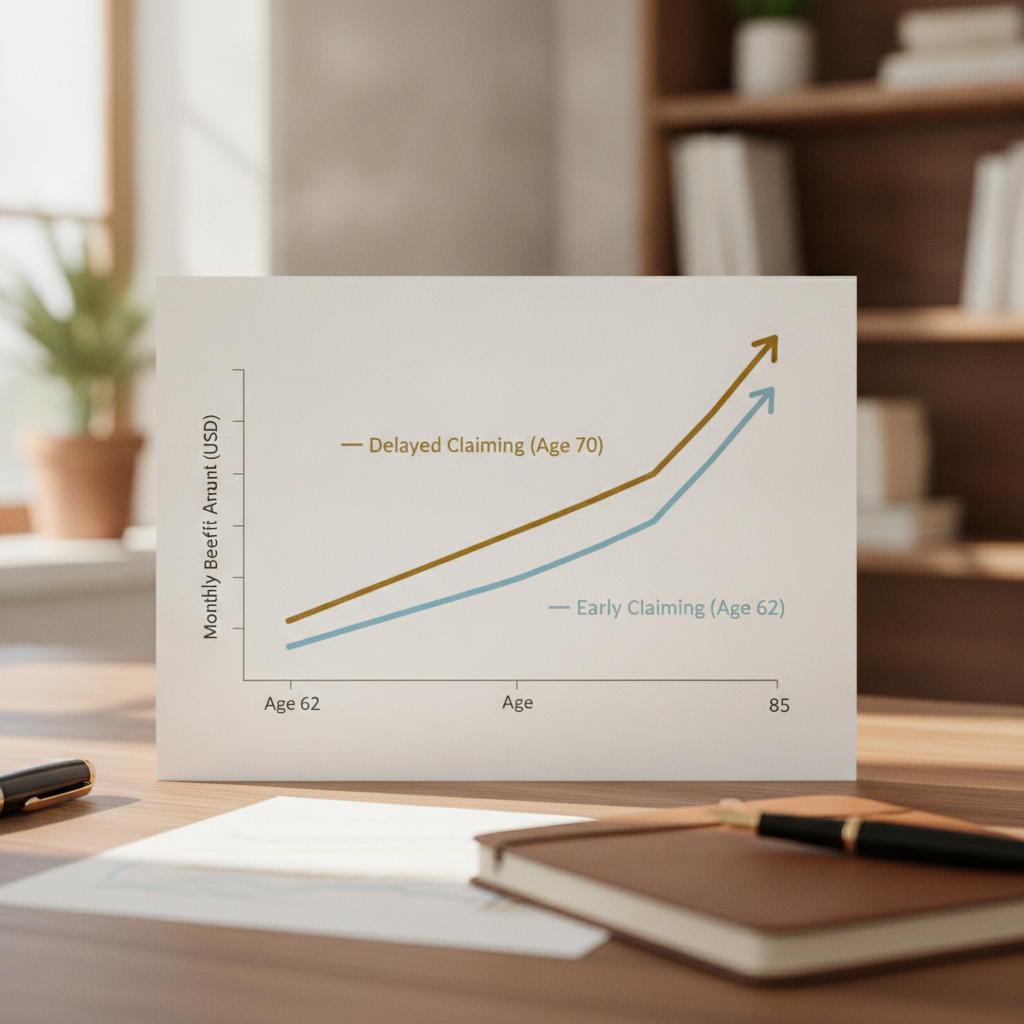 a financial planning chart showing two diverging lines representing early versus delayed social security claiming benefit growth over time from age 62 to age 85 — social security claiming