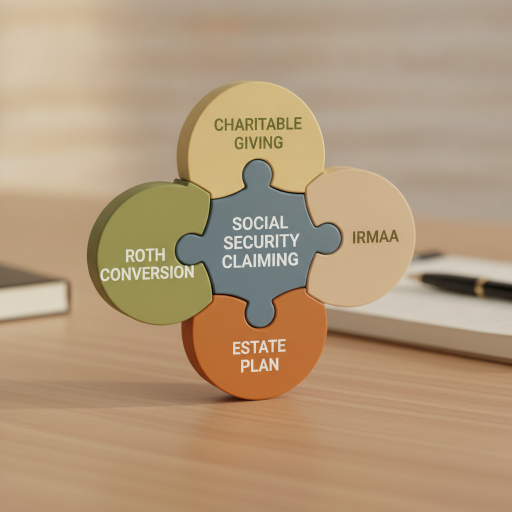 an illustration showing interconnected puzzle pieces labeled social security claiming, Roth conversion, IRMAA, estate plan, and charitable giving forming a complete financial strategy — social security claiming