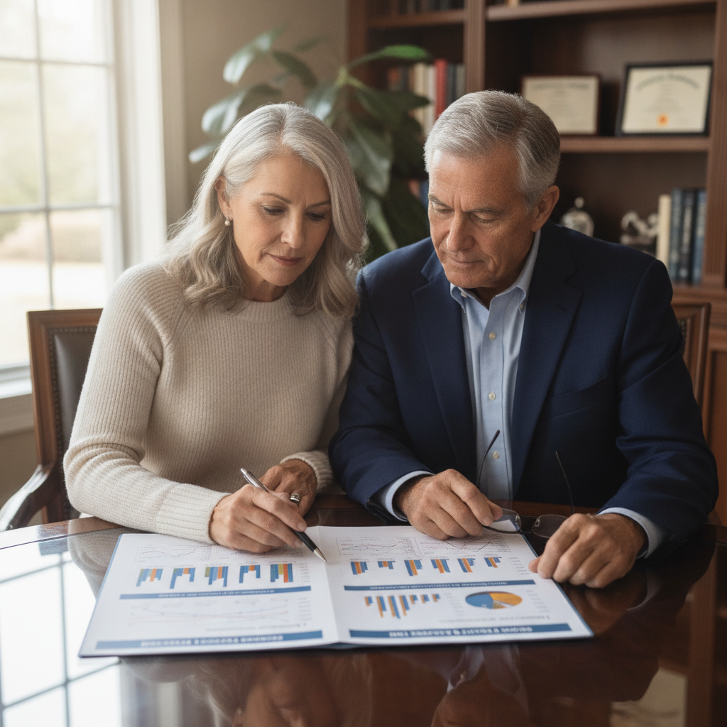 a professional couple in their early 60s reviewing a multi-page financial plan with charts and graphs at a polished home office desk — social security timing