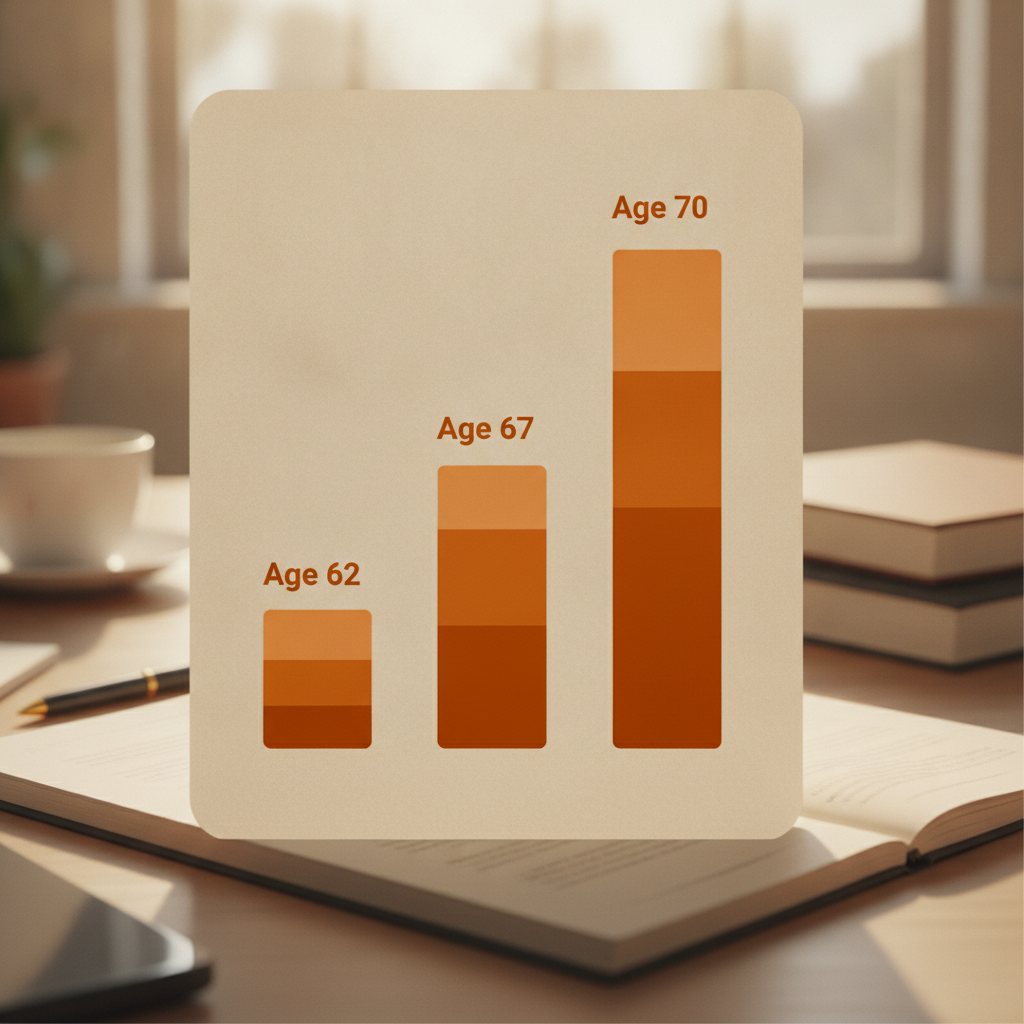 a clean infographic-style diagram showing three columns labeled Age 62, Age 67, and Age 70 with stacked bars representing cumulative lifetime benefits over time — social security timing