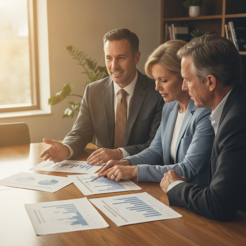 a financial advisor sitting across from a well-dressed couple in their late 50s at a conference table with printed retirement income projections spread in front of them — social security timing