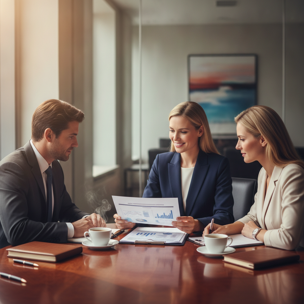a confident financial advisor sitting across a mahogany conference table from a well-dressed executive couple reviewing a multi-page financial plan document — asset management pay