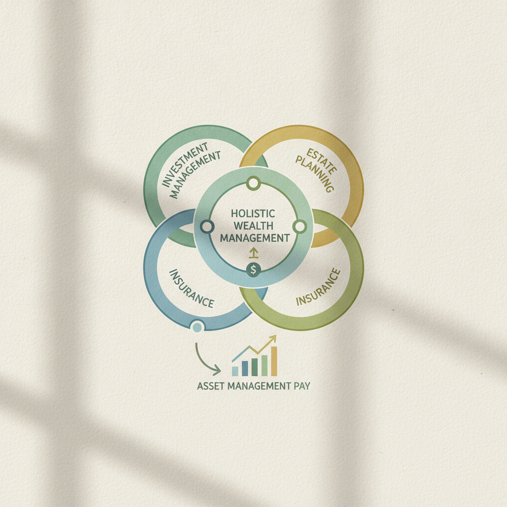 a clean infographic-style illustration showing interconnected circles labeled investment management tax planning estate planning insurance and cash flow representing holistic wealth management — asset management pay