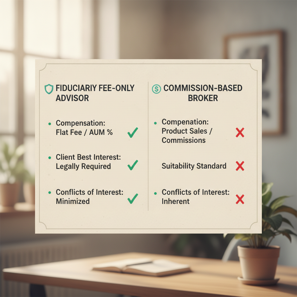 a side-by-side visual comparison chart showing a fiduciary fee-only advisor model versus a commission-based broker model with clear labels and checkmarks — asset management pay