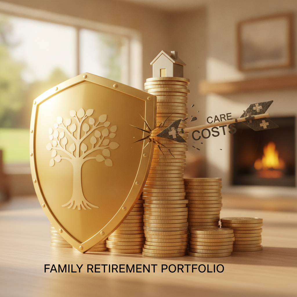 a conceptual illustration showing a financial shield protecting a stack of coins representing a family retirement portfolio from an arrow labeled care costs — long-term care