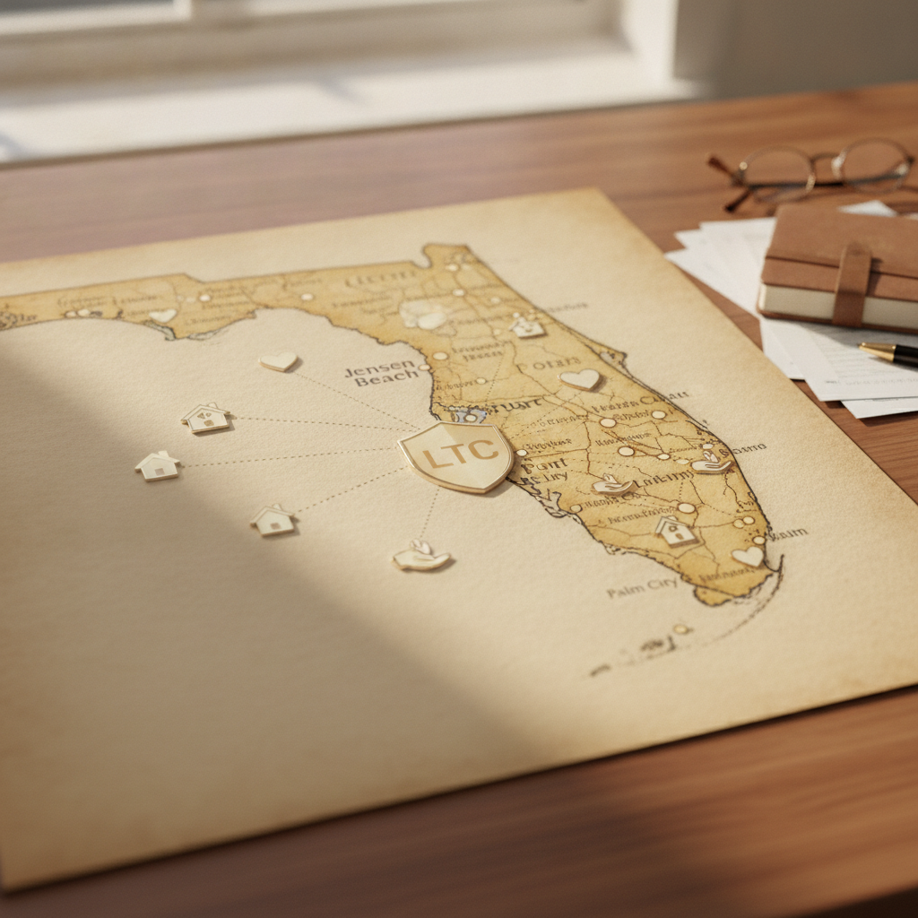 a detailed map of Florida highlighting Stuart and coastal communities with icons representing assisted living and care facility locations — long-term care