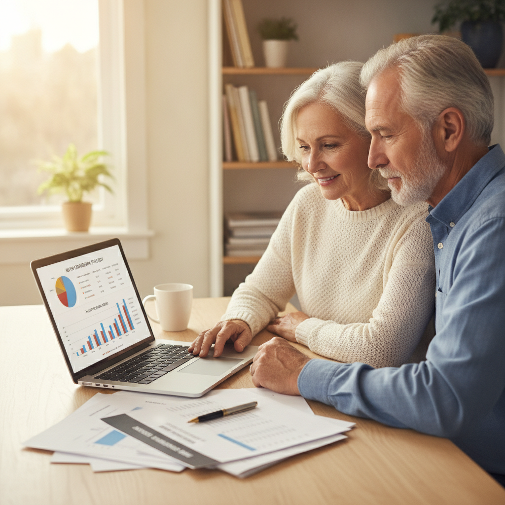 a focused retiree couple reviewing multi-year financial projections on a laptop at a clean modern desk with charts and tax documents visible — roth conversion ladder
