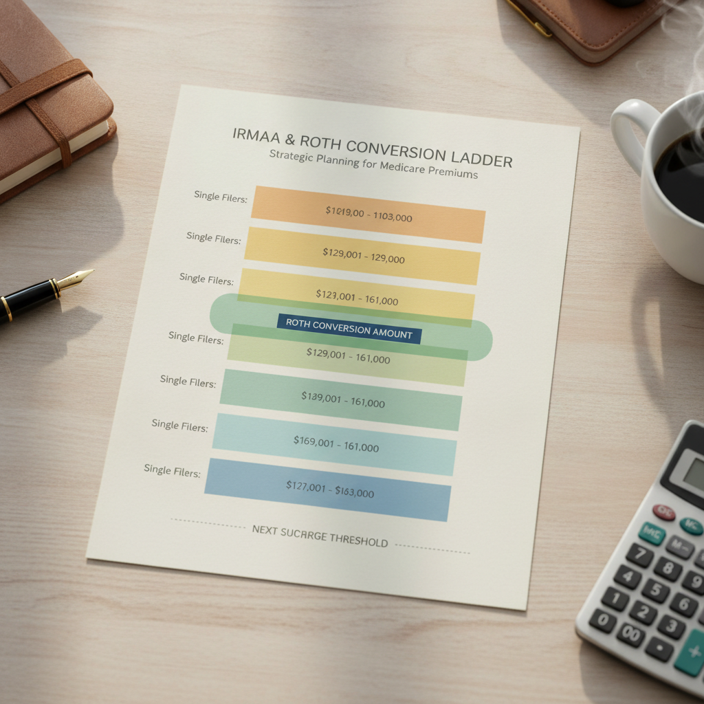 a clean infographic showing stacked IRMAA income tiers with a highlighted safe zone where the roth conversion ladder conversion amount fits below the next surcharge threshold — roth conversion ladder