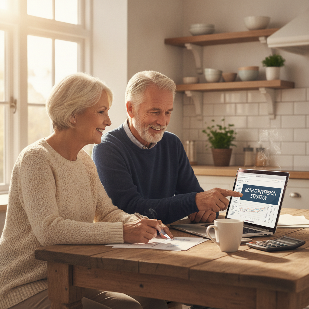 a retiree couple sitting at a sunlit kitchen table reviewing financial documents on a laptop with a cup of coffee nearby — roth conversion
