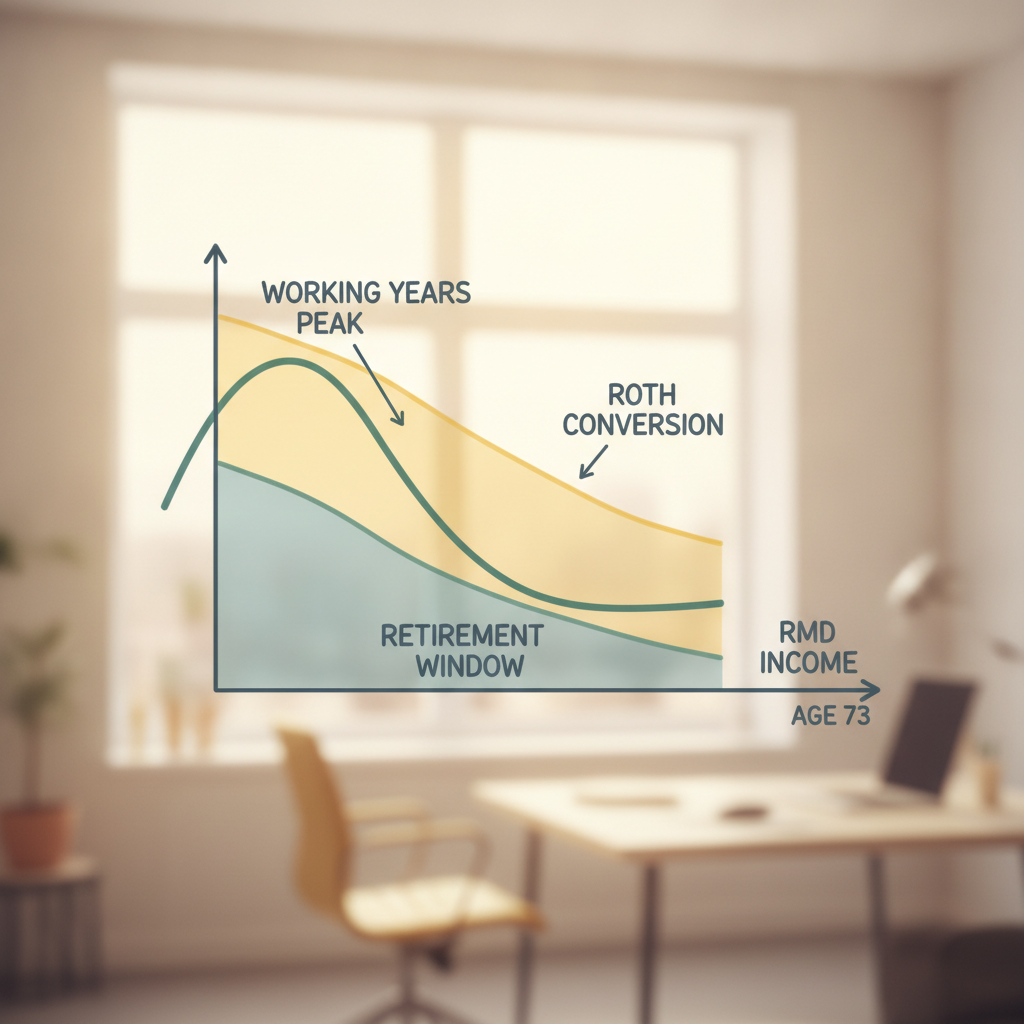 a simple infographic-style illustration showing a tax bracket graph with a low dip labeled retirement window between a high income working years peak and a rising RMD income line beginning at age 73 — roth conversion