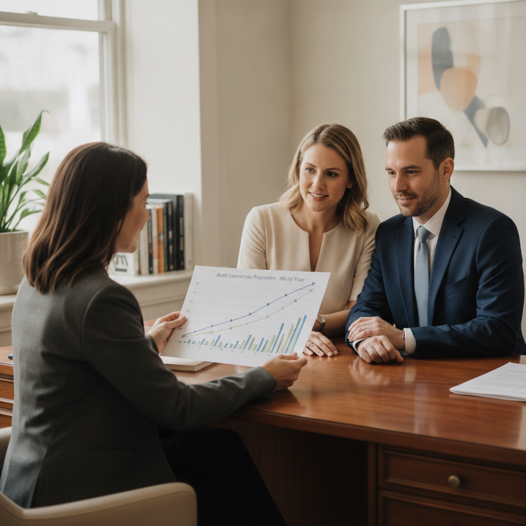 a financial advisor reviewing a multi-year roth conversion projection chart with a well-dressed couple in a professional office setting — roth conversion