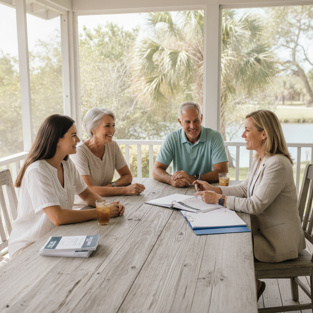 a Florida family of three generations seated together on a porch reviewing documents with an estate planner at a wooden table — estate tax planning