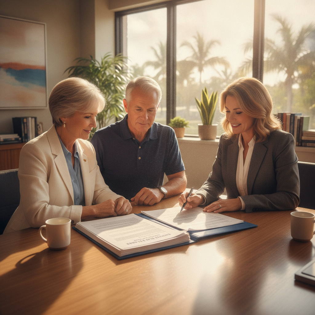 a professional couple in their 60s meeting with a financial advisor in a bright Florida office reviewing a multi-page estate plan document — estate tax planning