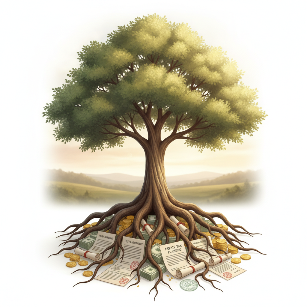 a conceptual illustration showing a tree with deep roots representing generational wealth with financial documents and trust documents visible at its base — estate tax planning
