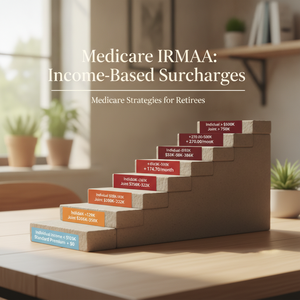 a clear infographic-style diagram showing Medicare IRMAA income tiers as a staircase with surcharge amounts increasing at each step upward — medicare strategies retirees