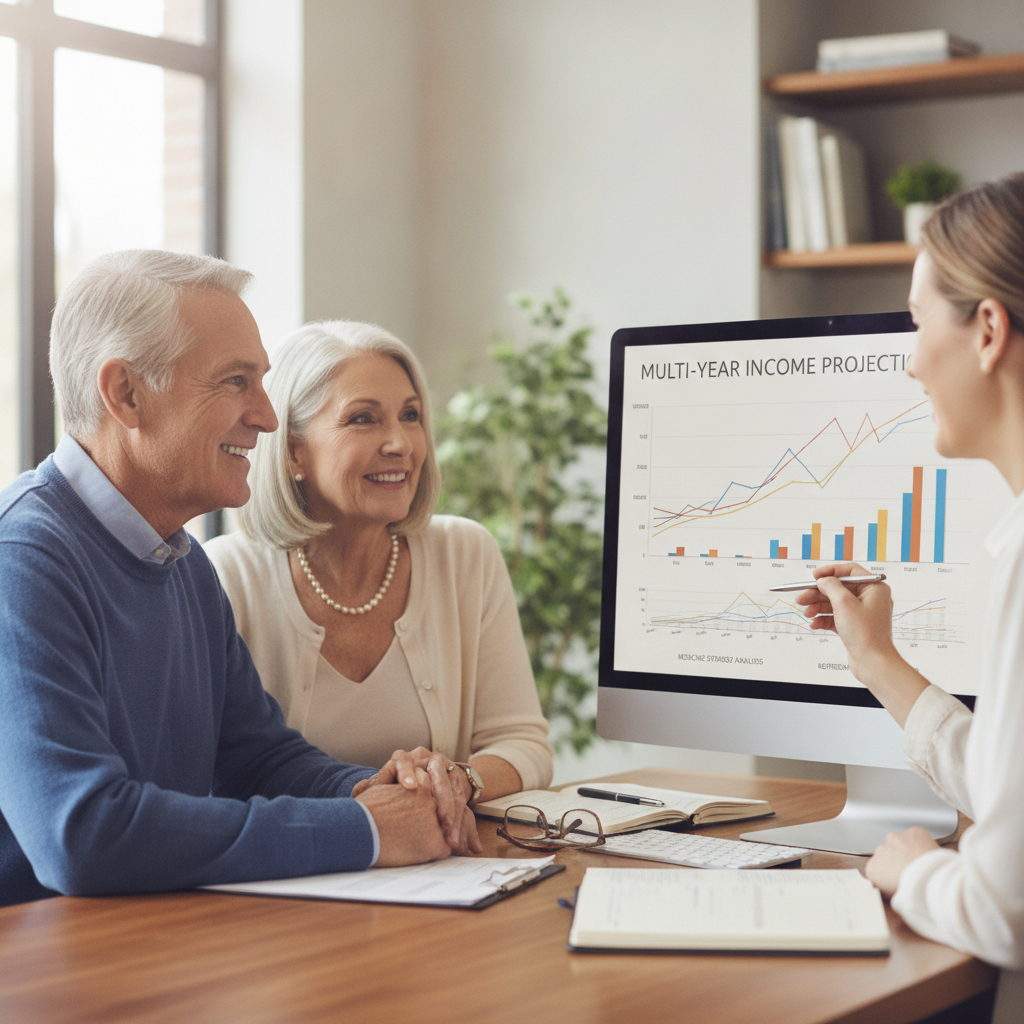 a retiree couple seated at a desk with a financial advisor reviewing multi-year income projection charts on a large monitor — medicare strategies retirees