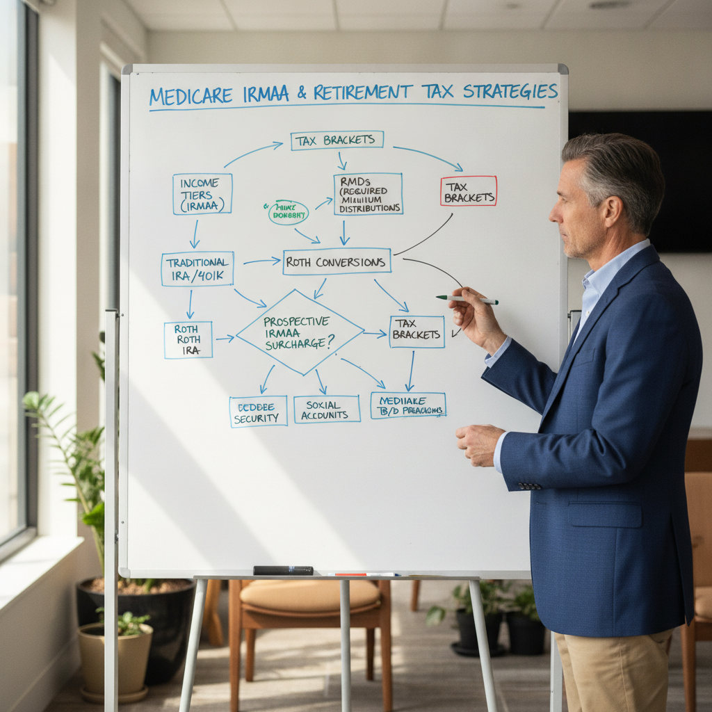 a detailed planning flowchart on a whiteboard showing connections between Medicare IRMAA income tiers Roth conversions RMDs and tax brackets with a financial advisor pointing to key decision nodes — medicare strategies retirees
