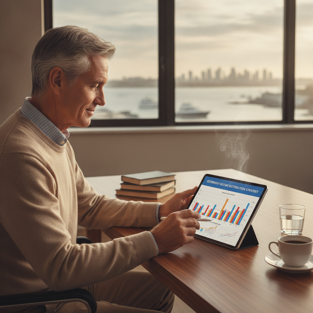 a confident retired executive reviewing financial charts on a tablet at a modern home office desk overlooking a waterfront view — retirement income distribution