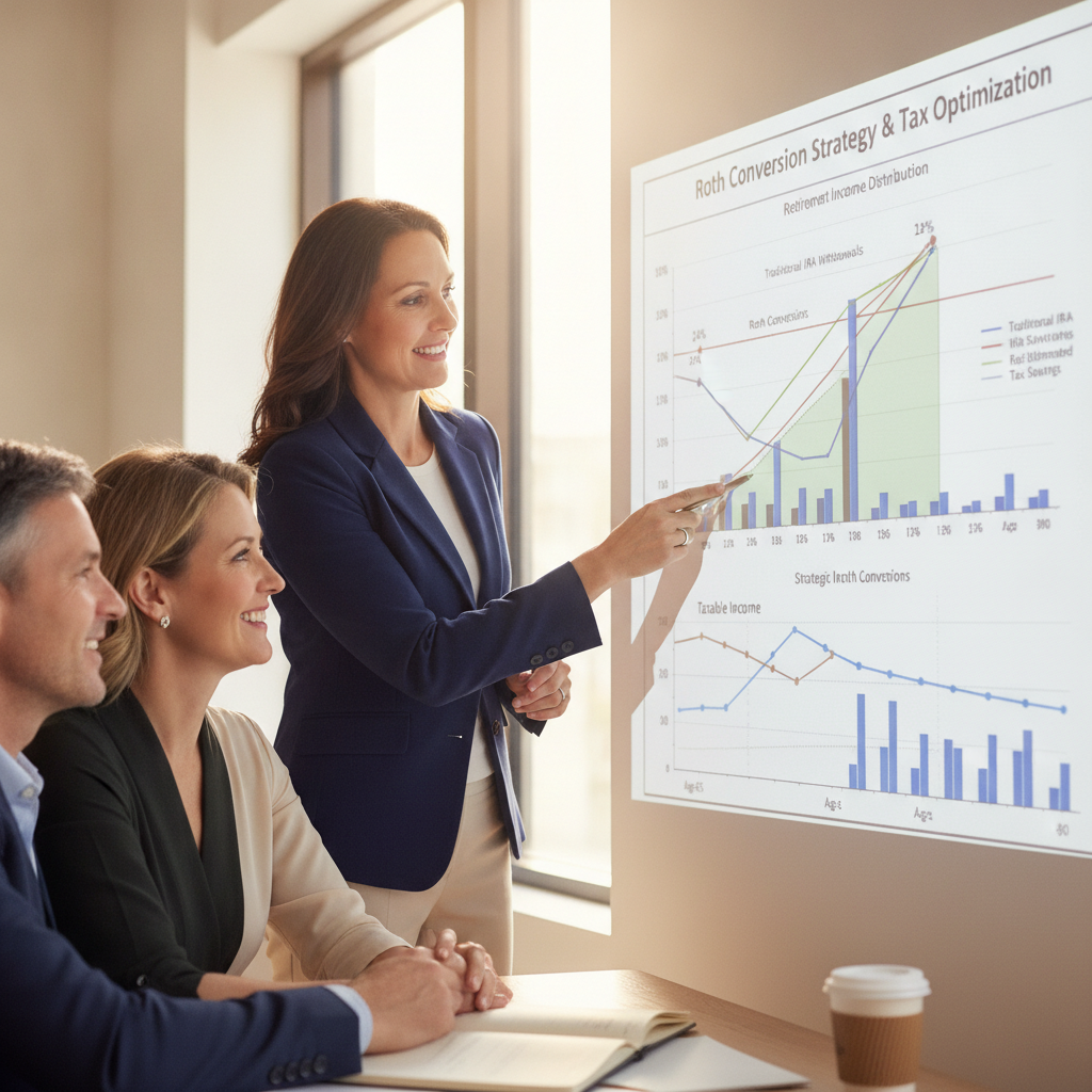 a financial advisor pointing to a detailed Roth conversion projection chart showing tax bracket optimization across multiple retirement years — retirement income distribution