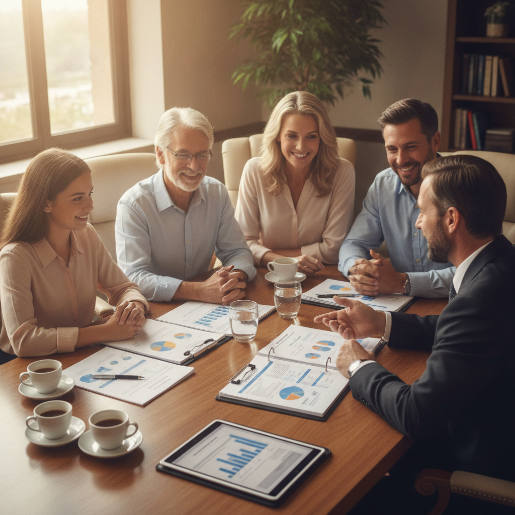 a multi-generational family with a financial advisor reviewing an estate and retirement income plan together at a conference table with financial documents visible — retirement income distribution