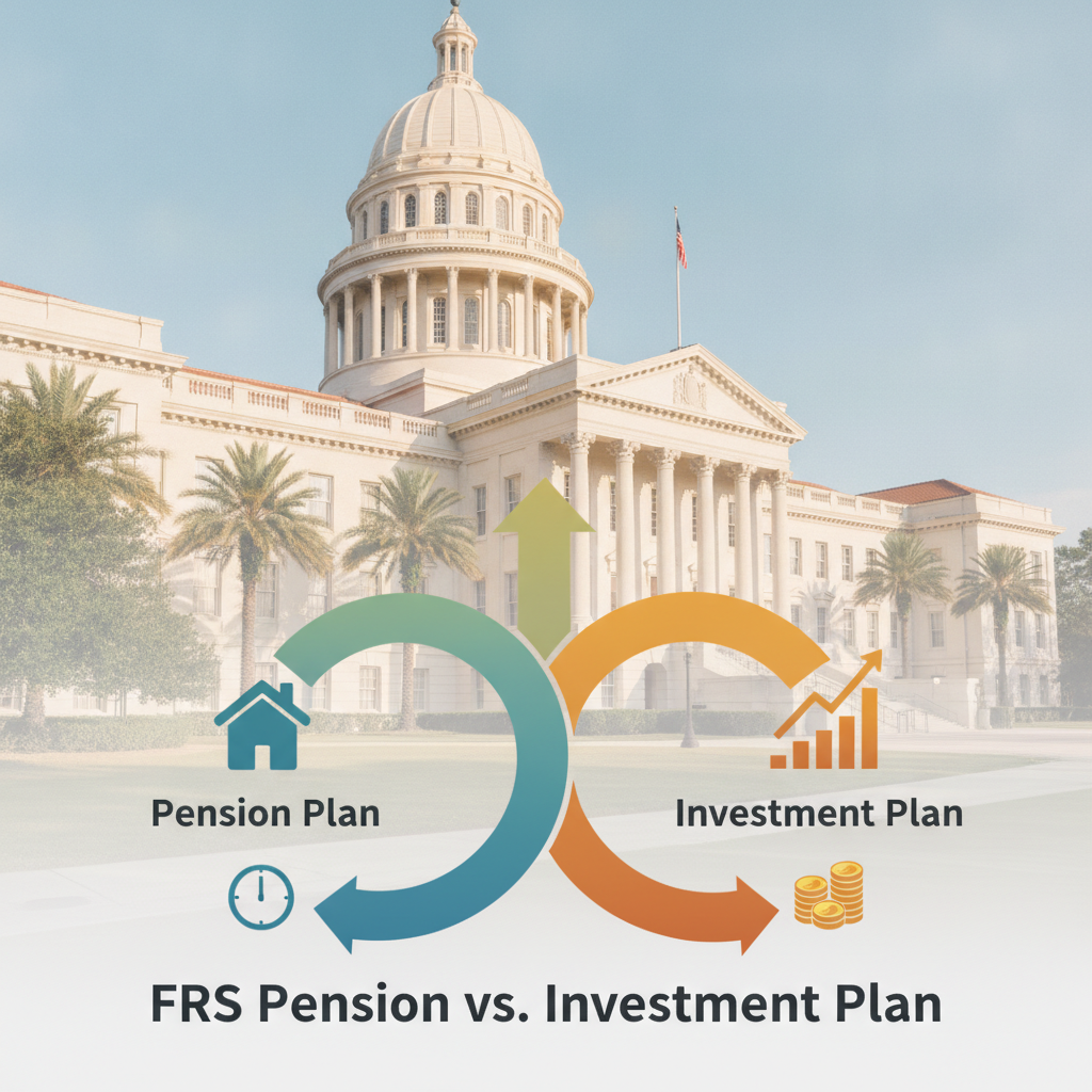 a Florida state capitol building with a graphic overlay showing two diverging retirement paths labeled Pension Plan and Investment Plan — frs pension vs investment plan