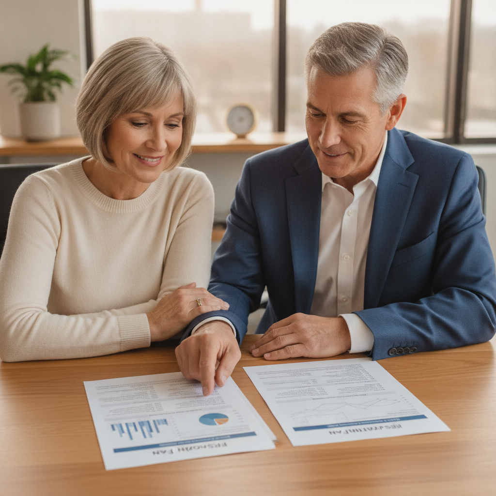 a married couple in their 50s sitting with a financial advisor reviewing two retirement plan documents side by side at a conference table — frs pension vs investment plan