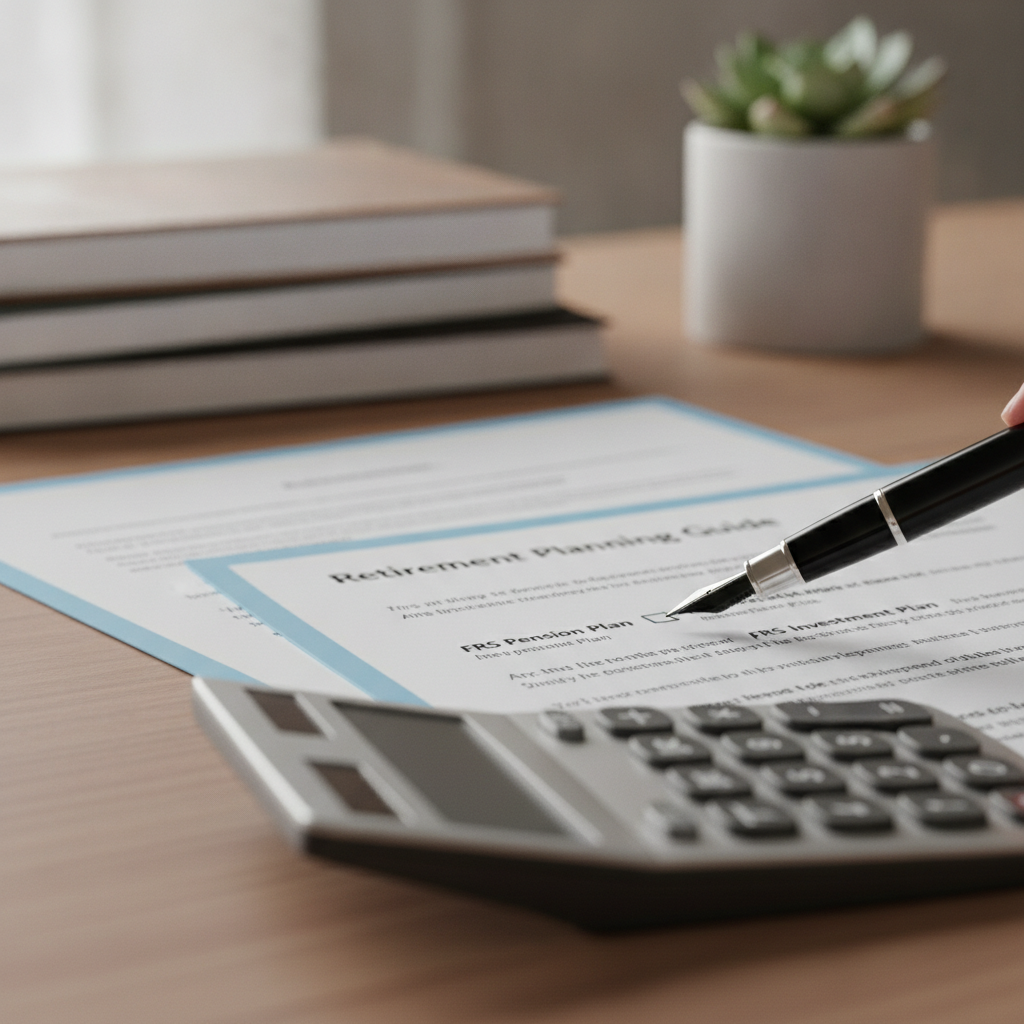 a close-up of a calculator and retirement plan documents with a pen pointing to a decision checkbox between two retirement plan options — frs pension vs investment plan