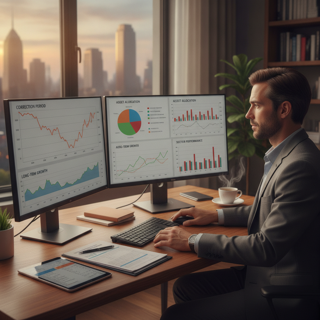 a financial advisor reviewing multi-colored portfolio performance charts on dual monitors in a modern office setting with city views — market corrections