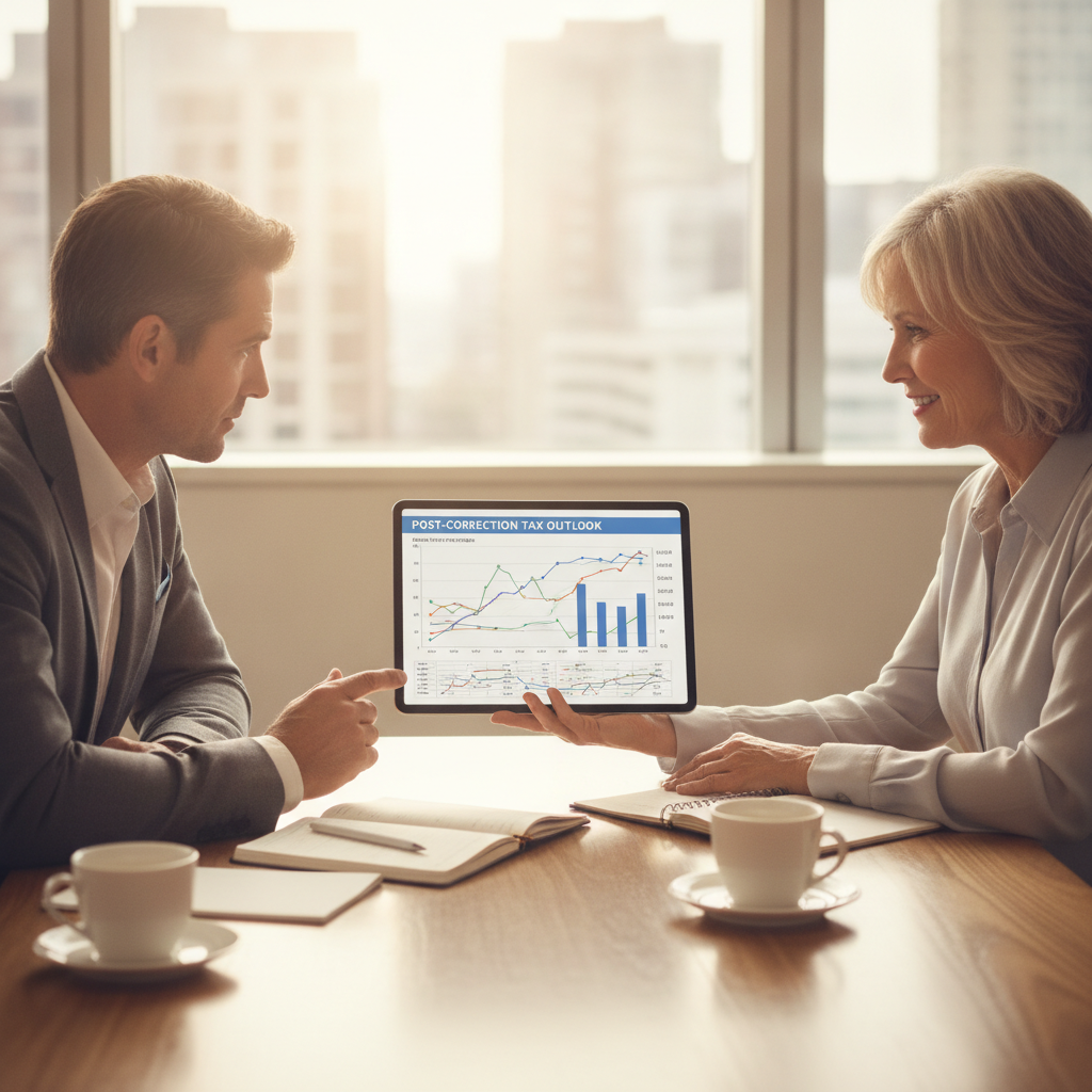 a calm professional couple sitting with a financial planner reviewing a multi-year tax projection on a large tablet screen at a conference table — market corrections
