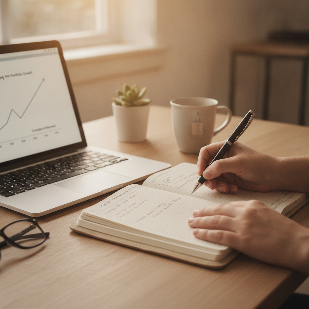 a close-up of hands writing notes in a financial planning journal next to a laptop showing a stable long-term portfolio growth chart — market corrections