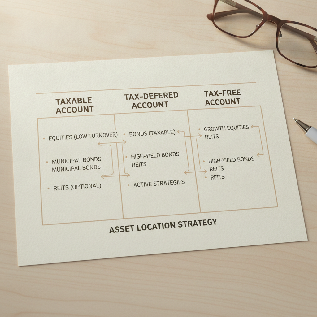 a clean diagram showing three columns labeled Taxable Account, Tax-Deferred Account, and Tax-Free Account with arrows indicating where different asset classes belong in each — asset location