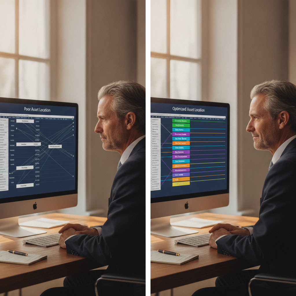 a side-by-side comparison showing a high-net-worth investor reviewing two portfolio scenarios on a large monitor — one with poor asset location and one optimized with color-coded account labels — asset location