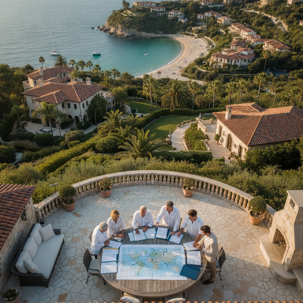 an aerial view of a prosperous coastal community with a family sitting together outside a well-appointed home reviewing documents suggesting multi-generational wealth planning — asset location