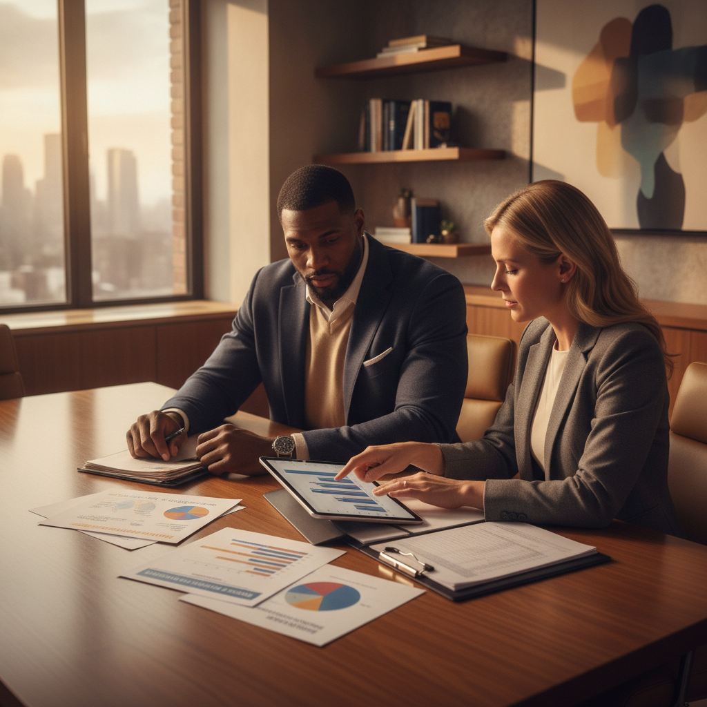a professional basketball player sitting across from a financial advisor at a conference table reviewing documents and charts — nba career finances