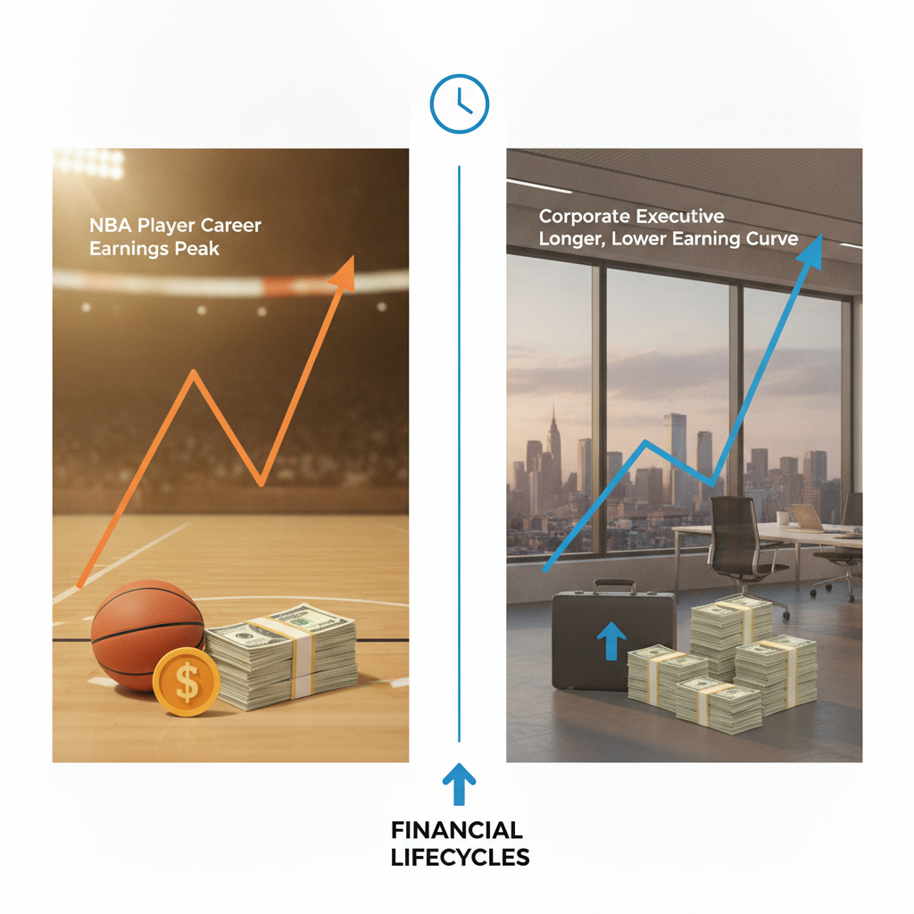 a visual comparison graphic showing a timeline of an NBA players career earnings peak versus a corporate executives longer but lower earning curve — nba career finances