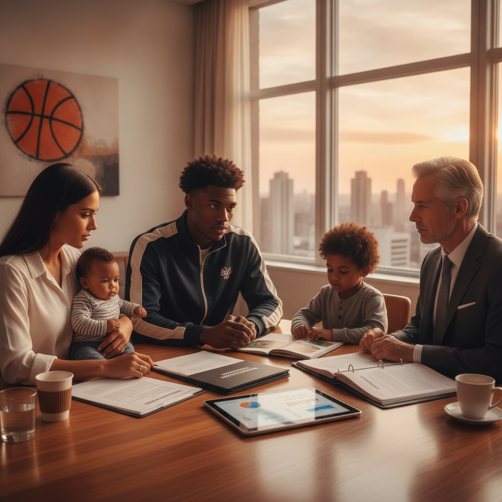 a young professional athlete and his family meeting with an estate planning attorney and financial advisor reviewing trust documents — nba career finances