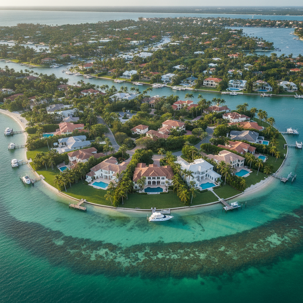 a wide aerial view of a waterfront Florida neighborhood with large luxury homes surrounded by palm trees and clear blue water — florida homestead exemption