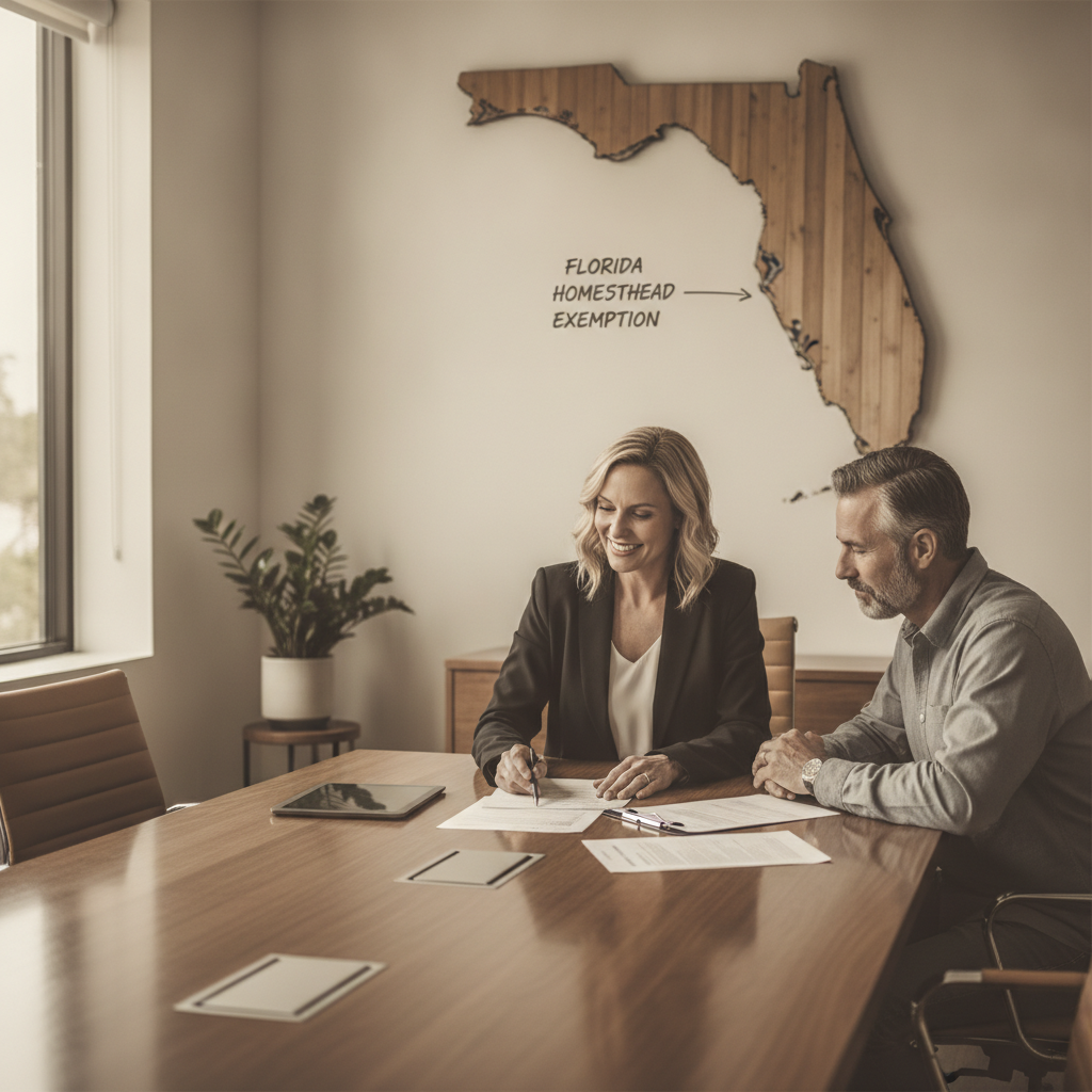 a professional financial advisor and a couple sitting at a conference table reviewing documents with a Florida map visible in the background — florida homestead exemption